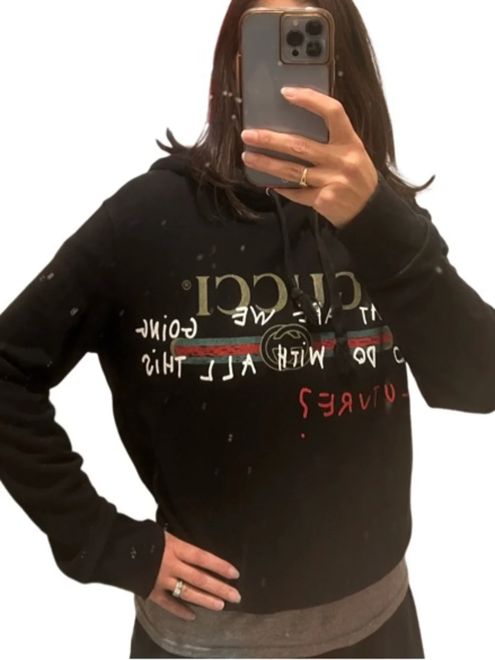 Gucci Black Hoodie with Green & Red Stripe and White Script